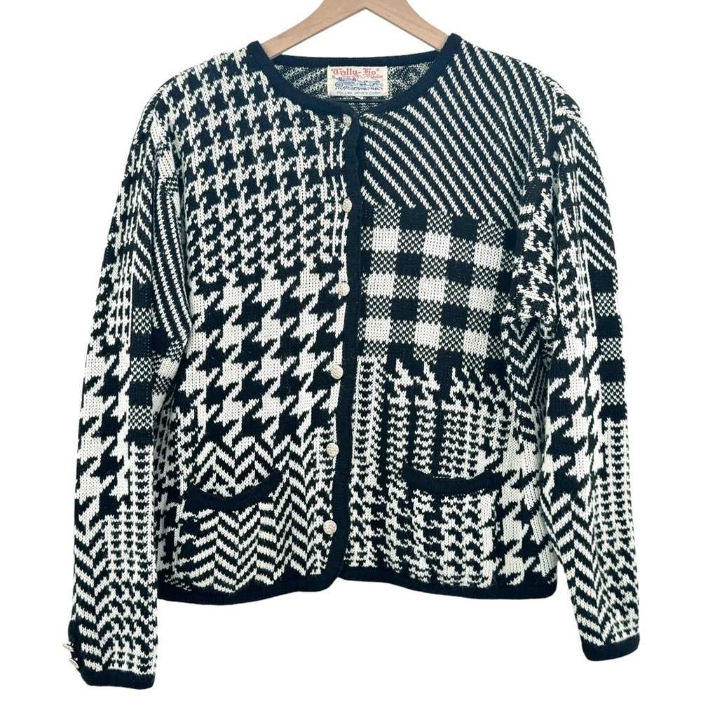 Vintage Tally Ho Boxy Cardigan Sweater Black White Houndstooth Chevron Buttons M